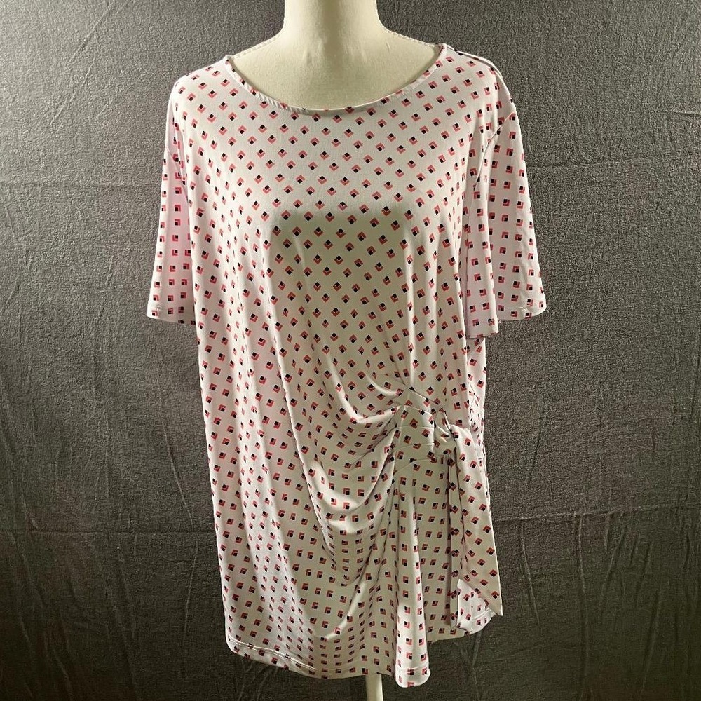 Liz Claiborne Career XXL Side Tie Ruched‎ Blouse Geometric Print Stretch Top